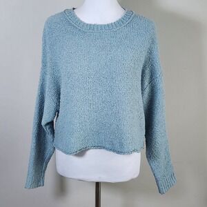 Hippie Rose Cropped Boucle Sweater Womens Small Blue Textured Knit Pullover